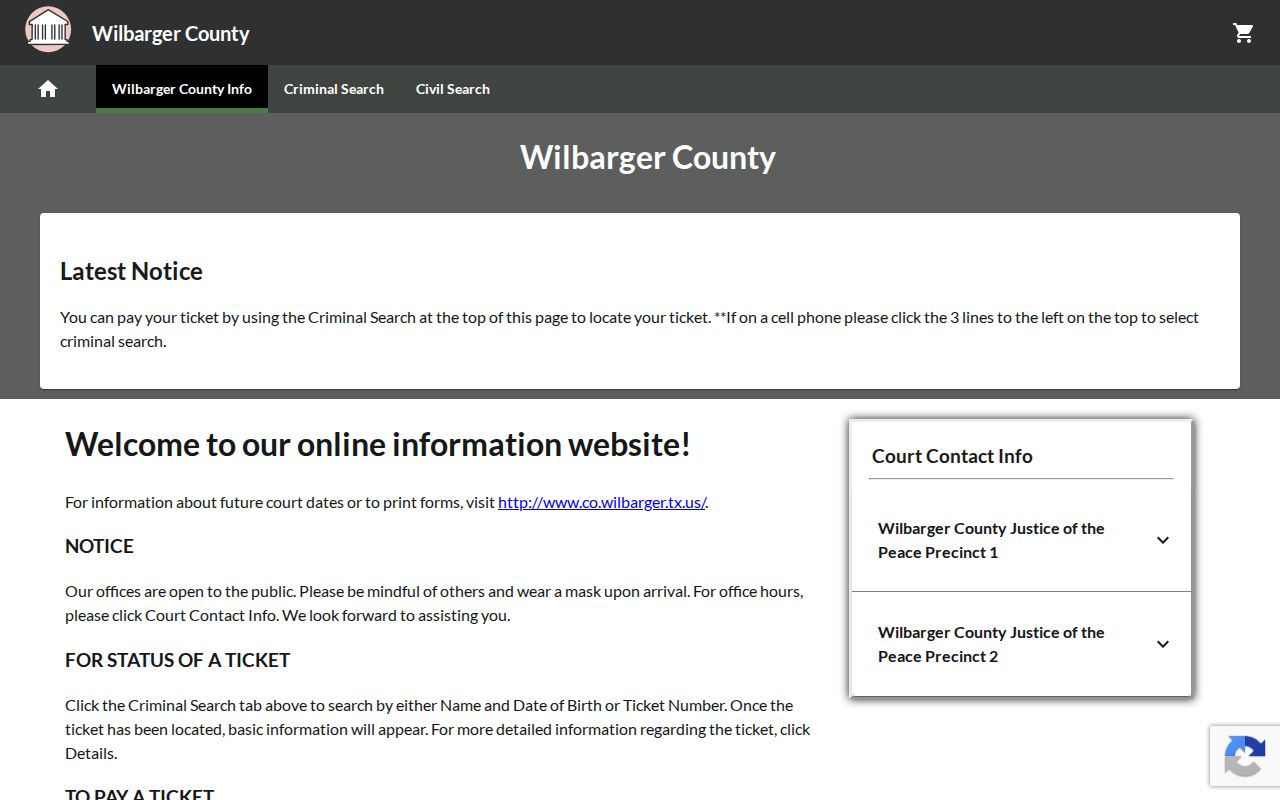 Wilbarger County warrant search context, JP2 GovRec criminal search controls