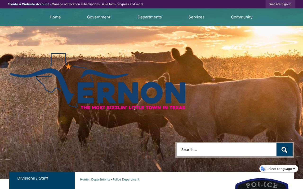 Vernon warrant records, Vernon Police Department official contact page