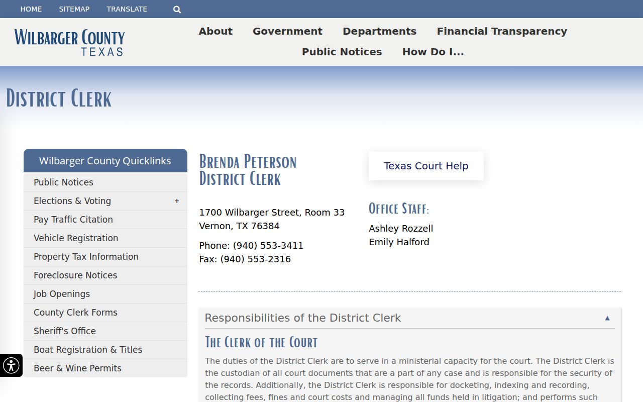Wilbarger County warrant records, District Clerk office page