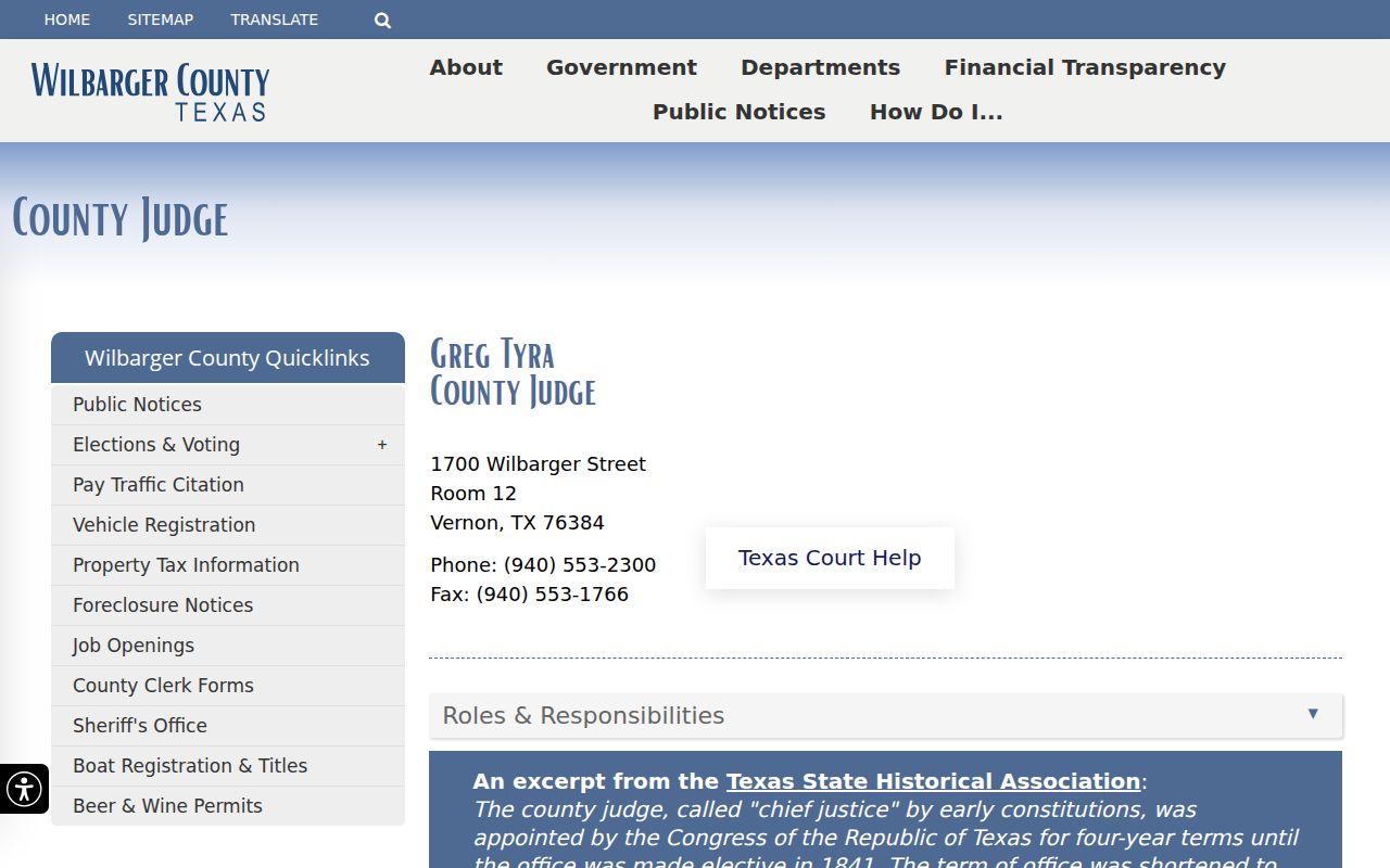 Wilbarger County warrant records, County Judge and County Court contacts