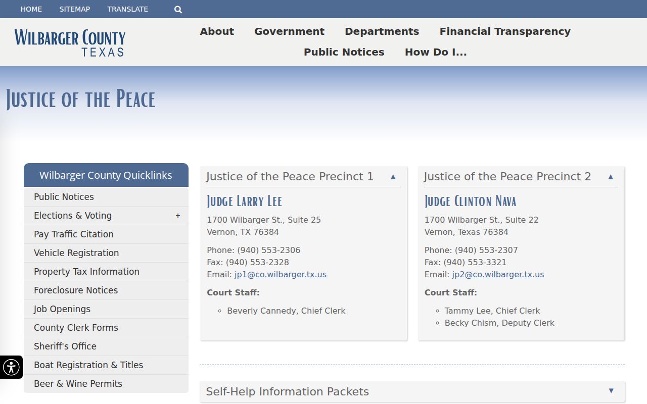 Wilbarger County bench warrant records, Justice of the Peace court page
