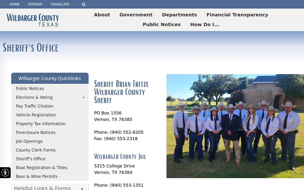 Wilbarger County active warrant records, official Sheriff's Office contact page